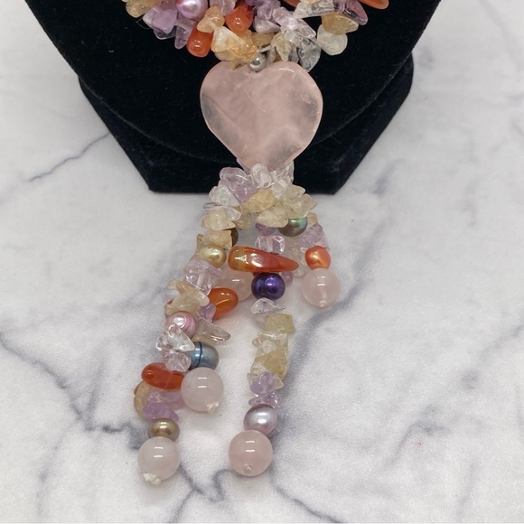 Multistrand Semiprecious Stone Necklace With Freshwater Pearls Toggle Clasp - Picture 4 of 11